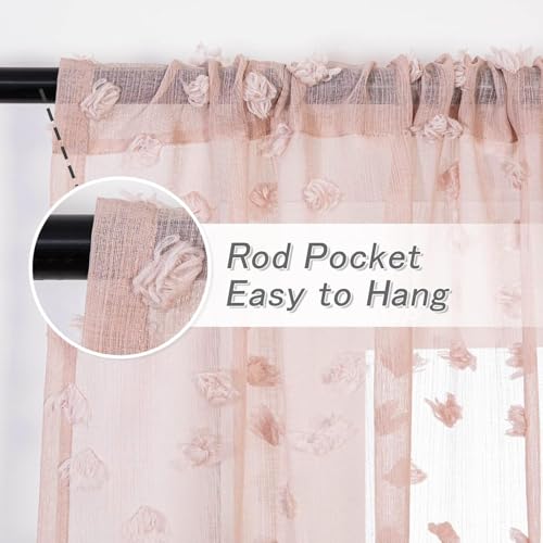 Pink Sheer Curtains with Pom Poms - 36x84 Inch Set of 2 Rod Pocket Drapes