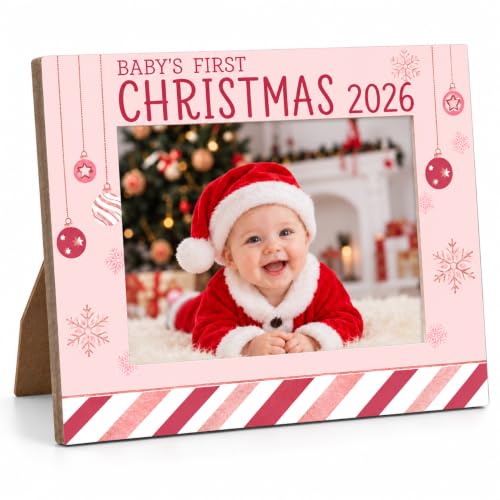 CBFEBCBST First Christmas-2 Pink Baby's First Christmas 2026 Picture Frame, 4x6 Easel-Back