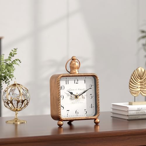 Vintage Gold Table Clock, French Rustic Mantel Clock for Shelf or Desk
