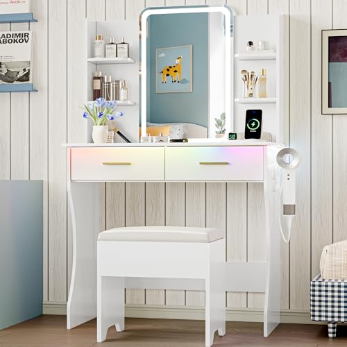Makeup Vanity Desk with LED Mirror, Power Outlet, RGB Lights & Stool