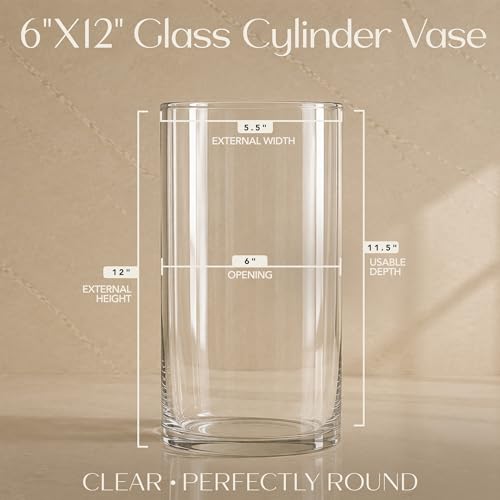 Clear Glass Cylinder Vase 12" Tall with 6" Opening for Centerpieces