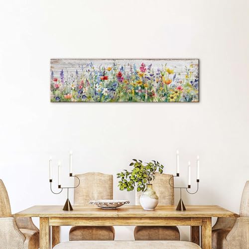 Rustic Wildflower Wall Art, 14x48 Inch Farmhouse Floral Canvas Print