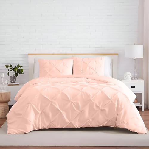 Queen/Full Size Pintuck Duvet Cover - 100% Egyptian Cotton - 1000 Thread Count - Zipper Closure - Peach 90" x 90"