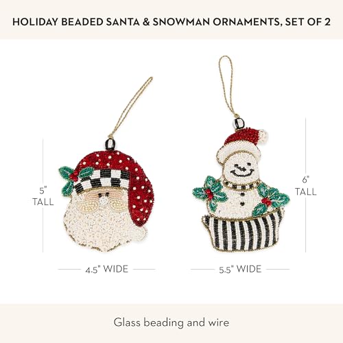 MacKenzie-Childs Beaded Holiday Ornaments Set of 2 Santa & Snowman Christmas Decorations