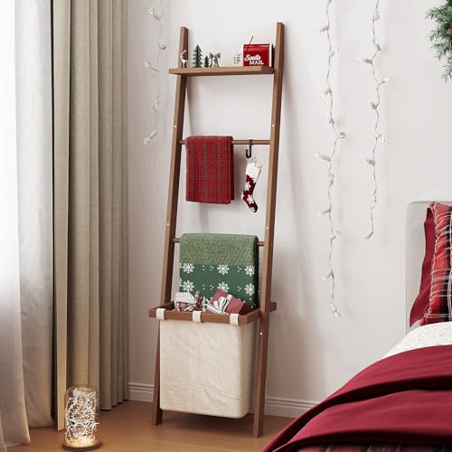 63-Inch Bamboo Blanket Ladder with Shelf, Fabric Basket, and 5 Hanging Hooks