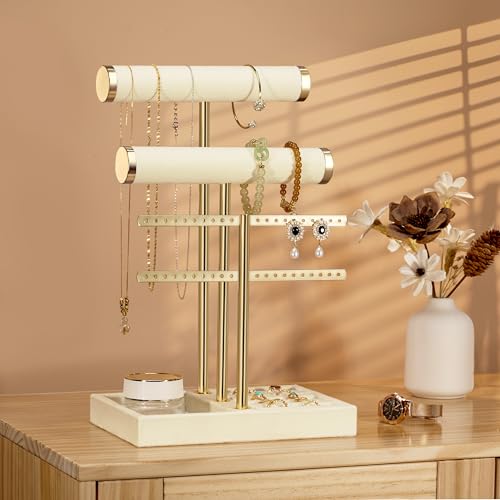 Beige Velvet Jewelry Organizer Stand with Multi-Tier Display Tray