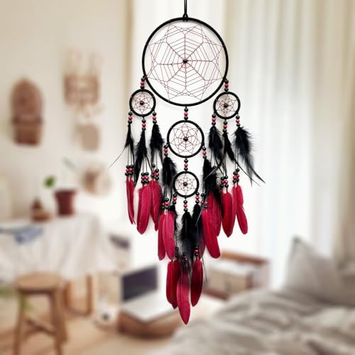 Large Handmade Dream Catcher - Red and Black Wall Hanging Ornament