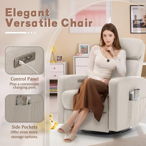 Power Swivel Rocker Recliner Chair with USB Ports and Side Pockets, Beige
