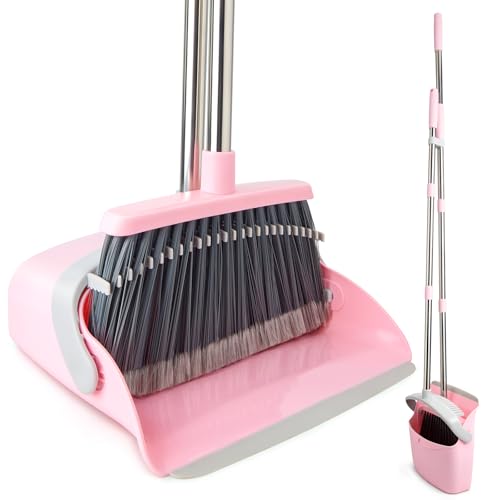 Long Handle Broom and Dustpan Set with Self-Cleaning Comb Teeth, Pink Gray
