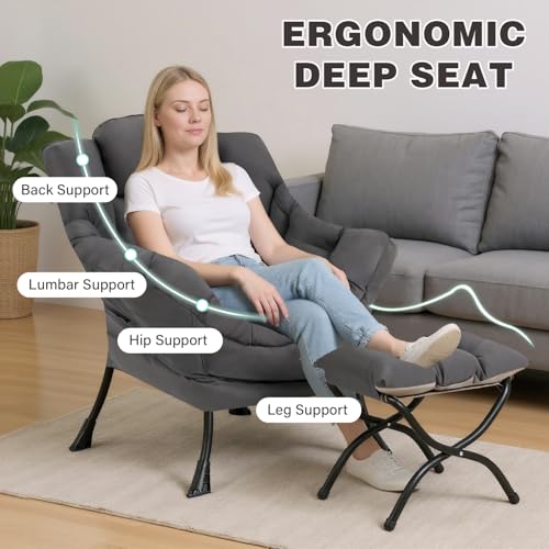 Modern Ergonomic Lounge Chair with Ottoman, Foldable Accent Reading Chair