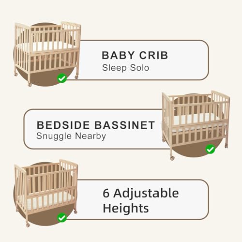 Portable Wooden Bedside Bassinet with Mattress, 6-Height Adjustable Mini Crib
