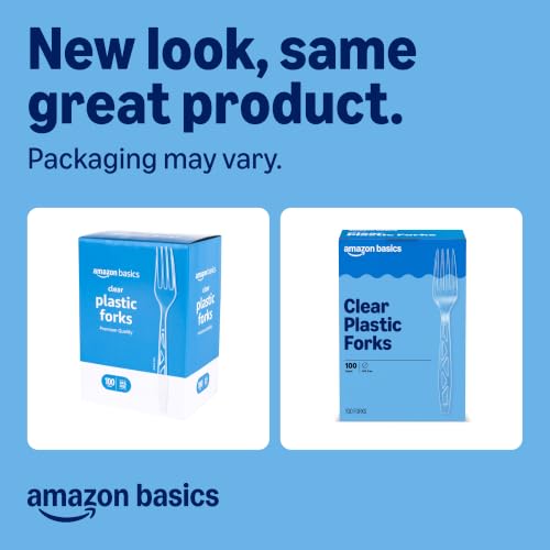 Amazon Basics Clear Plastic Forks, Heavy Duty Disposable Cutlery, 100 Count