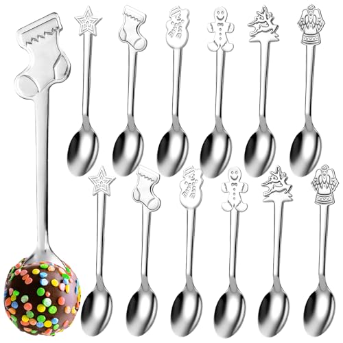 Potchen 24Pcs Christmas Stainless Steel Hot Chocolate Spoons with 6 Styles for Dessert & Baking