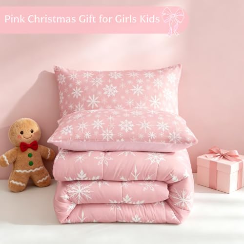Erosebridal Christmas Comforter Set Queen - Pink Snowflake 3D Print, 90x90