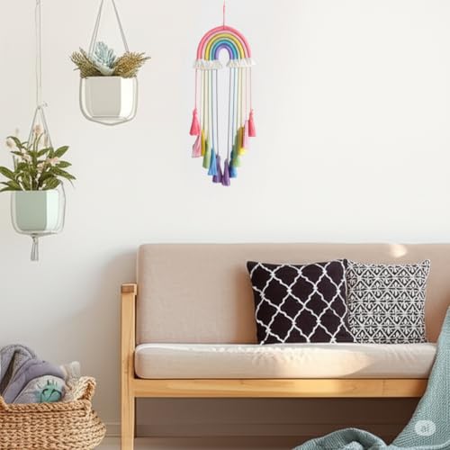 Hand-Woven Rainbow Macrame Wall Hanging - Boho Cotton Tassel Nursery Decor