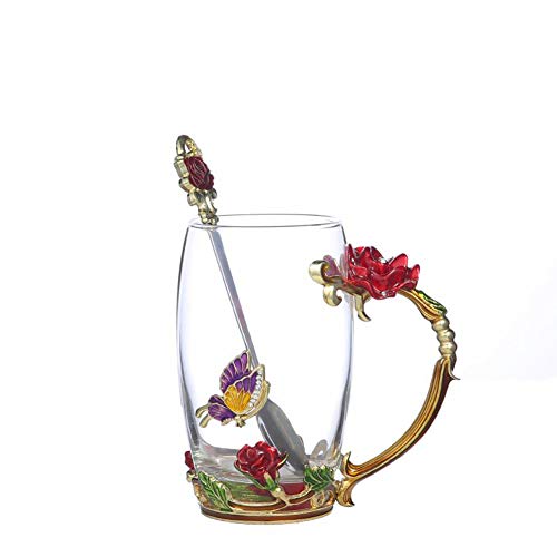 Guon-Wuvl 12 OZ Handicraft Crystal Glass Tea Mug with 3D Flower Butterfly Design and Gift Pack - Red Rose