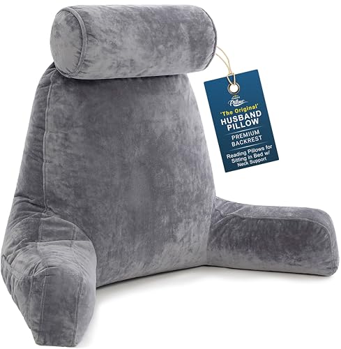 XXL Backrest Pillow for Adults - 30" Firm Support Bed Rest Pillow with Neck Roll - Dark Grey