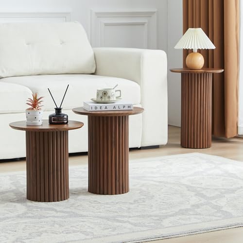3-Piece Round Nesting Coffee Table Set, Mid-Century Modern Wood End Tables