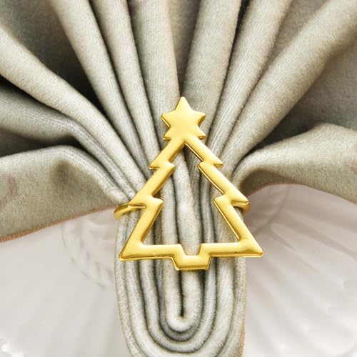 Set of 6 Gold Christmas Tree Napkin Rings for Holiday Table Decor