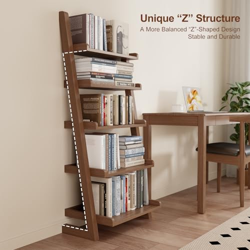 5-Tier Wooden Leaning Ladder Shelf, Modern Rubberwood Bookshelf