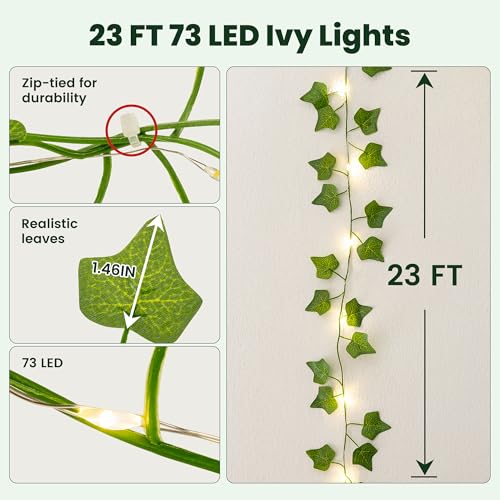 23ft Pre-Wrapped Ivy Vine Lights with 73 LEDs & Timer, Fairy Garland
