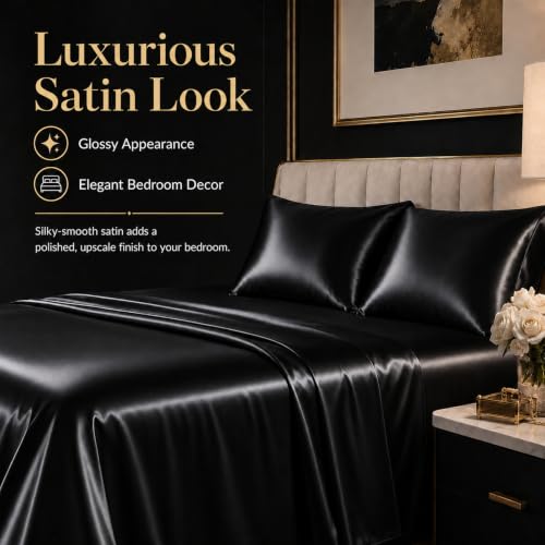 CozyLux Queen Satin Sheet Set - 4-Piece 14" Deep Pocket Silky Bed Sheets (Black)