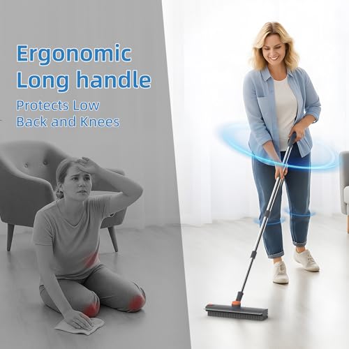 3-in-1 Long Handle Floor Scrub Brush with Squeegee & Stiff Bristles