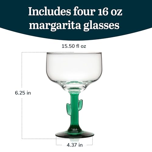 Cactus Margarita Glasses 16 Oz - Set of 4 Stemmed Cocktail Glassware