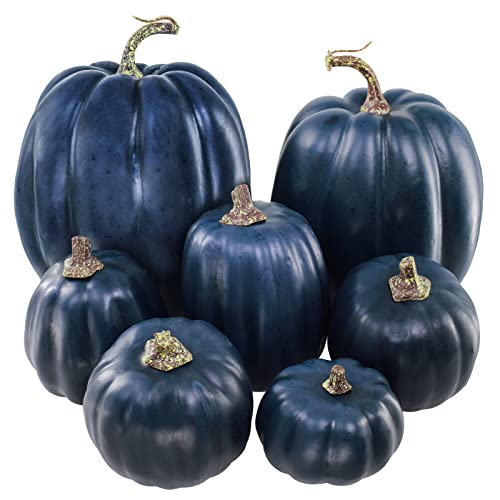 7 Pcs Navy Blue Artificial Pumpkins - Decorative Foam Fall Centerpieces