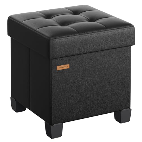 Square Storage Ottoman with Legs, Foldable Faux Leather Footrest, 15-Inch