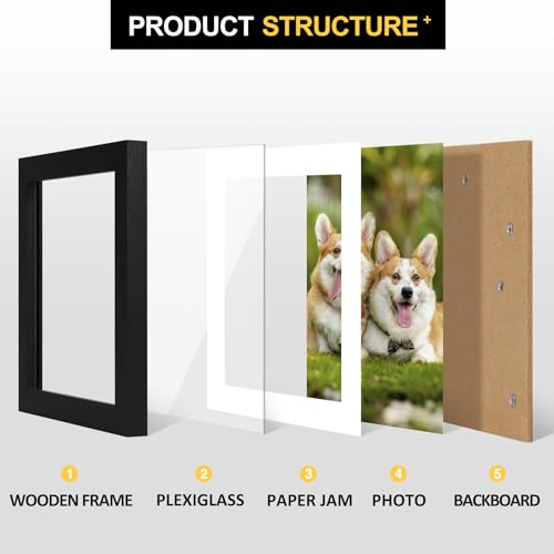 Black Wood Grain 5x7 Picture Frame Set with Mat - Rustic Wall Decor