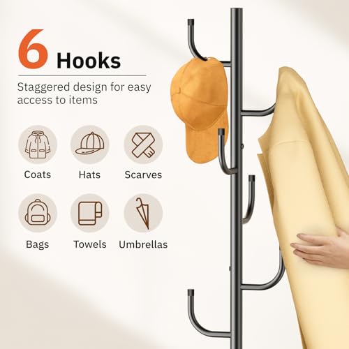 Freestanding Heavy Duty Coat Rack with Wood Base and 6 Hooks