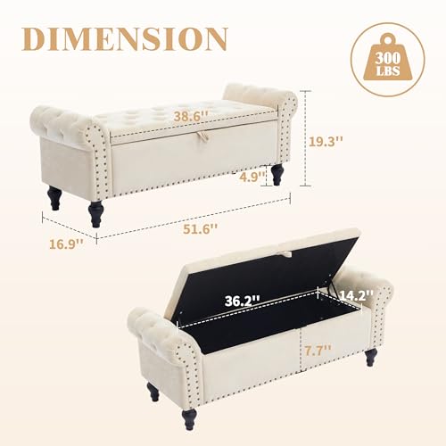 51-Inch Upholstered Storage Bench with Rolled Arms and Button Tufting