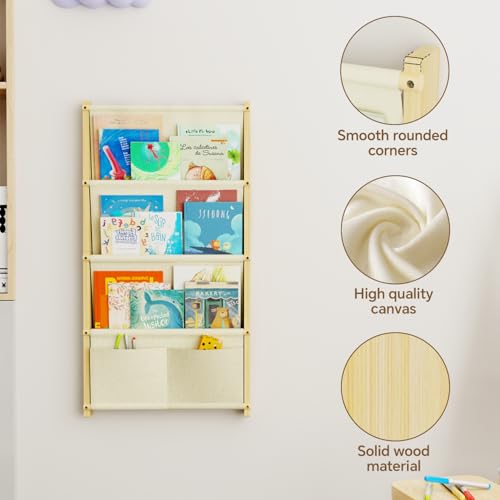 4-Tier Wall Mounted Kids Bookshelf, Natural Pine Wood Floating Book Organizer
