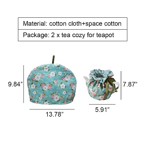 Insulated Tea Cozy Set, Green Floral Cotton Teapot Cover Warmer