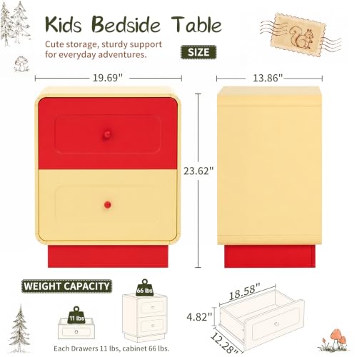 2-Drawer Kids Nightstand with Curved Edges, Red and Yellow Wooden Bedside Table
