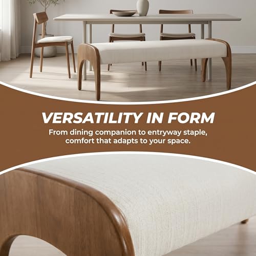 51" Extra Long Upholstered Bench, Cream Linen Seat with Walnut Wood Legs