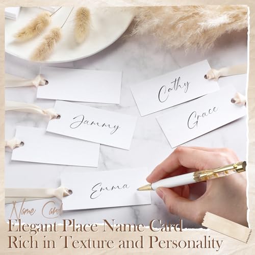 50 Pcs Blank Wedding Place Cards with Beige Satin Ribbons