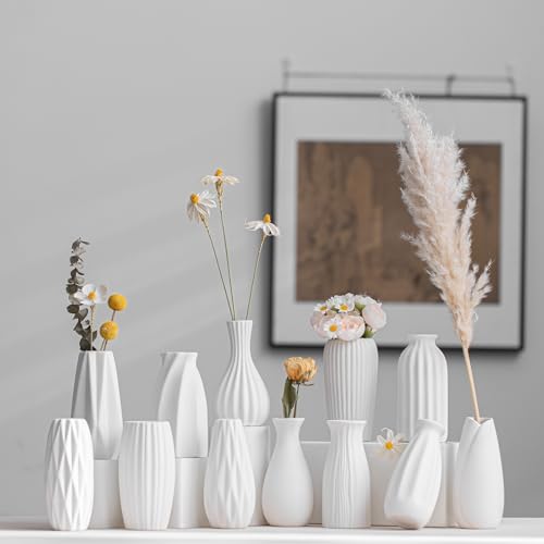 White Ceramic Vase Set of 12 - Mini Bud Vases for Flowers & Pampas Grass, Boho Wedding Centerpieces (Variation: White-st-12)