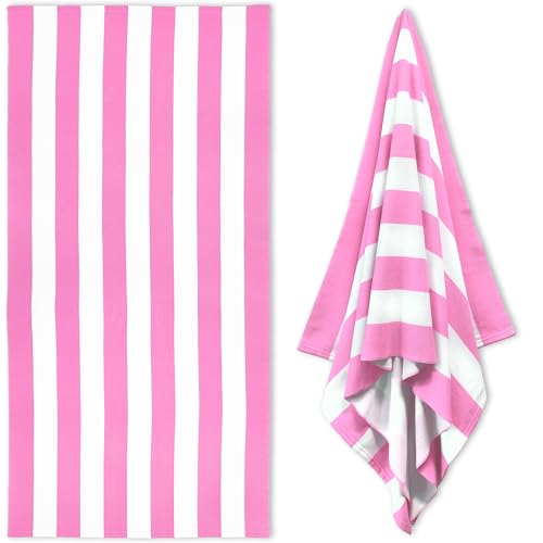 Oversized Microfiber Beach Towel 35x70 Inch, Pink Striped Quick Dry Pool Towel