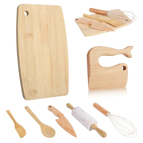 7-Piece Wooden Kids Kitchen Knife and Toddler Cooking Tool Set