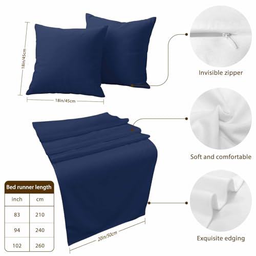 Navy Blue Bed Runner and 2 Pillow Covers Set for Queen Bed - Plush Scarf