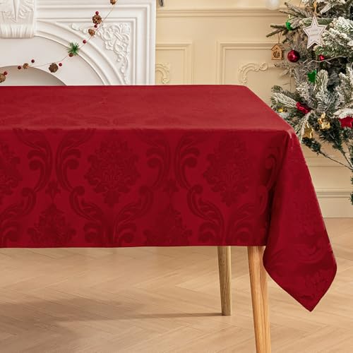 Romanstile 60x84 Inch Waterproof Jacquard Christmas Tablecloth with Red Flowers – Damask Holiday Dinner Cover