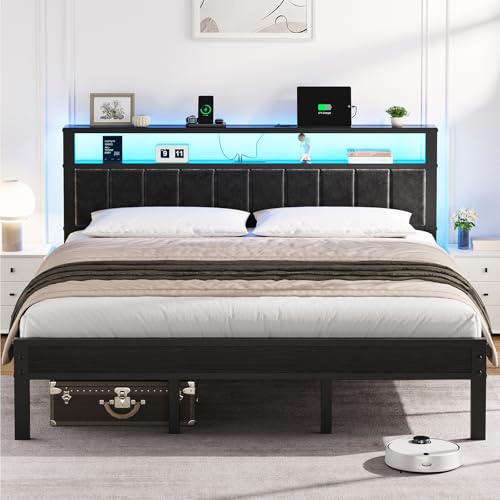 OLEVS King Bed Frame with Charging Station & RGB LED Lights - Black, Modern Platform Bed