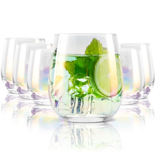 SHOWLOUE Short Drinking Glasses Set of 6, 12.2 fl oz Iridescent Crystal Tumblers