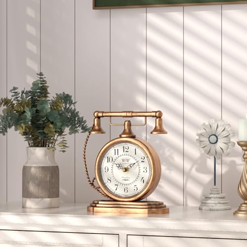 Vintage Telephone Table Clock, Gold Antique Style Mantel Clock 7.3 Inch