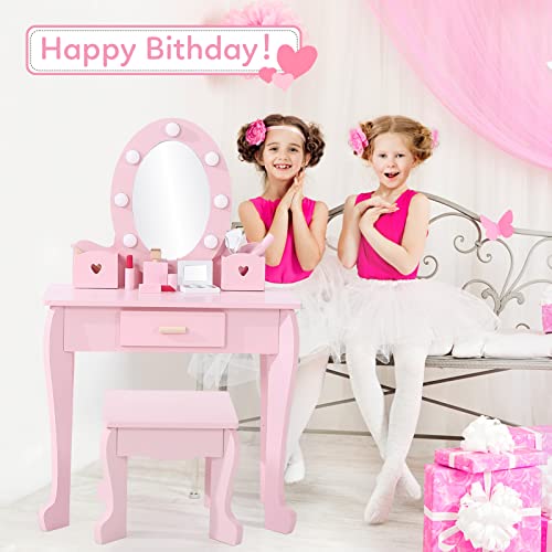 Kids Vanity Table and Stool Set with Lighted Mirror and Makeup Playset