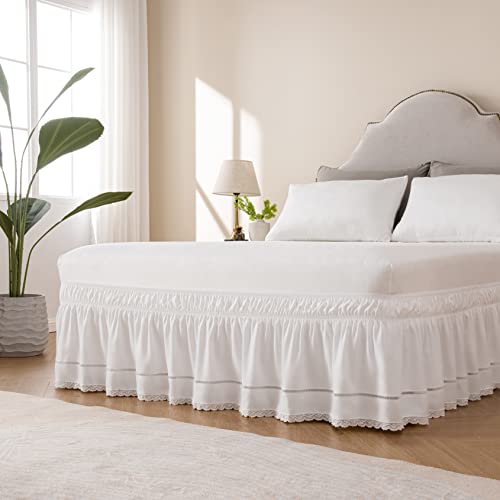 Wrap Around Ruffled Lace Bed Skirt - Elastic Dust Ruffle (15-Inch Drop, White)