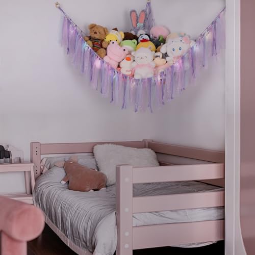 Large Stuffed Animal Hammock with LED Lights - Handwoven Cotton Toy Organizer