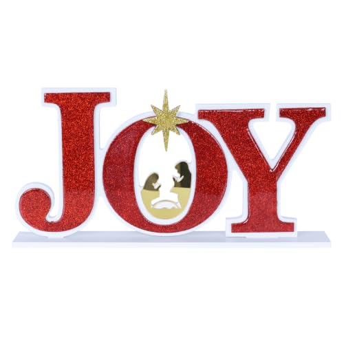 Joy Christmas Nativity Scene Sign with Wooden Base - Religious Holiday Decor